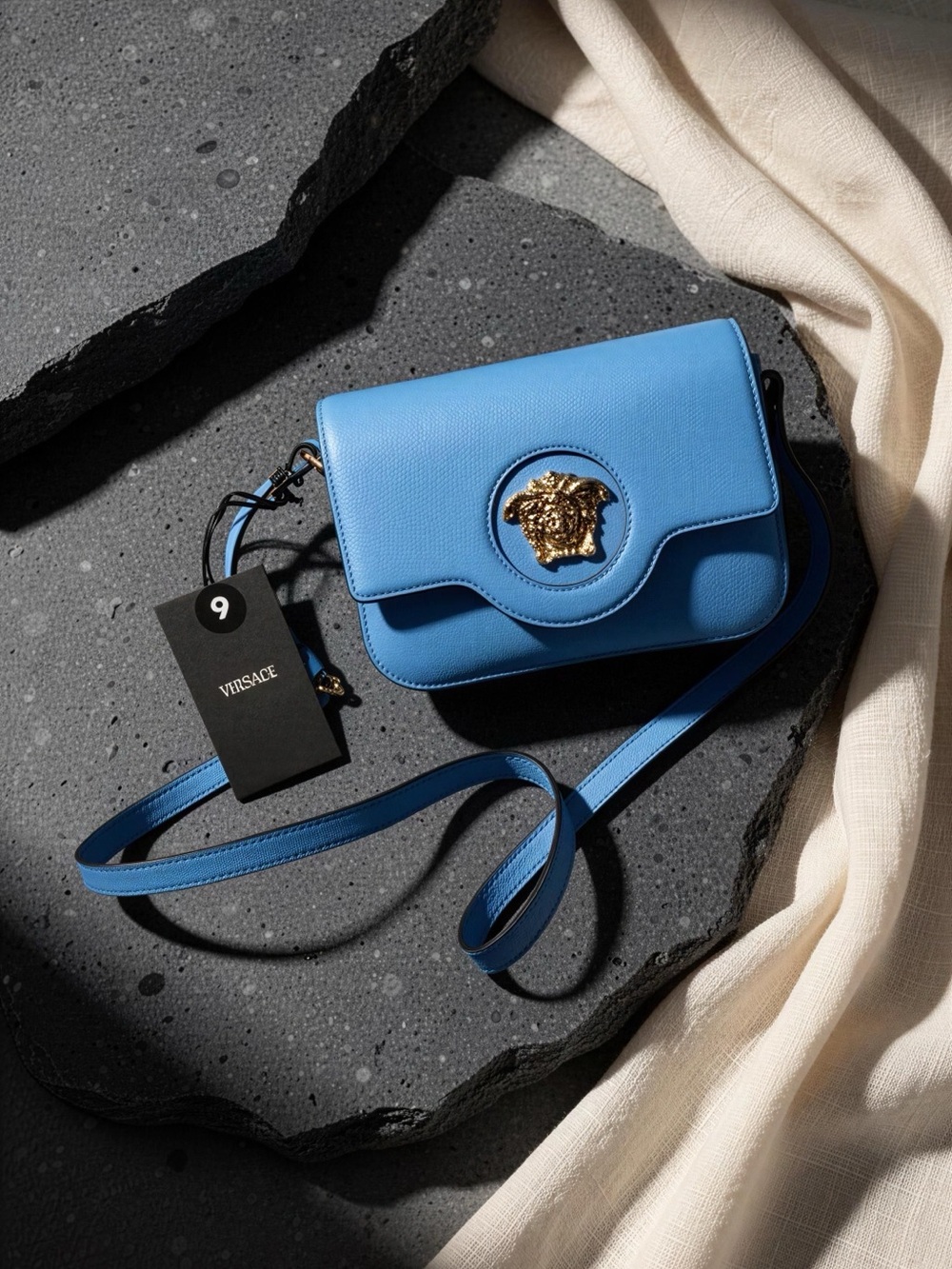 Versace Light Blue Crossbody Bag with Gold Medusa